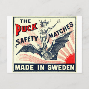 Carte Postale Antique Puck Riding Bat Suédois Matchbox Étiquette