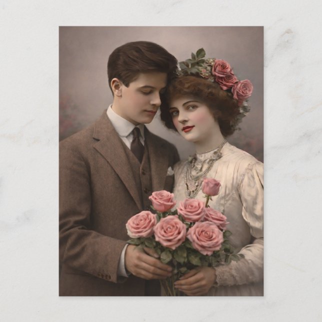 Carte Postale Antique Romantic Couple Postcard with Roses  (Devant)