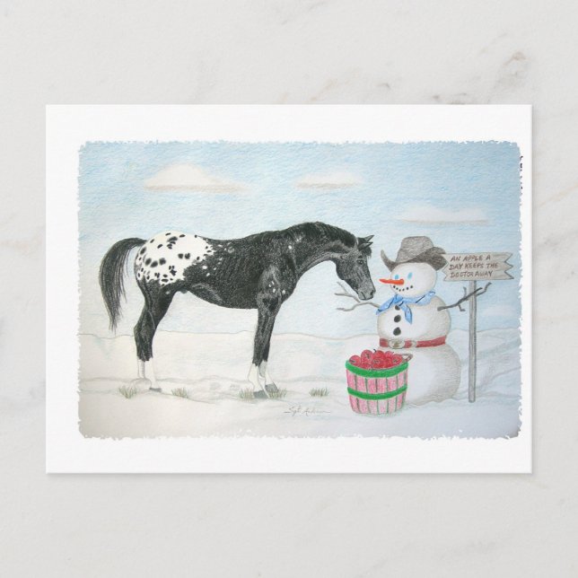 Carte Postale Appaloosa cheval avec bonhomme de neige, rectangul (Devant)