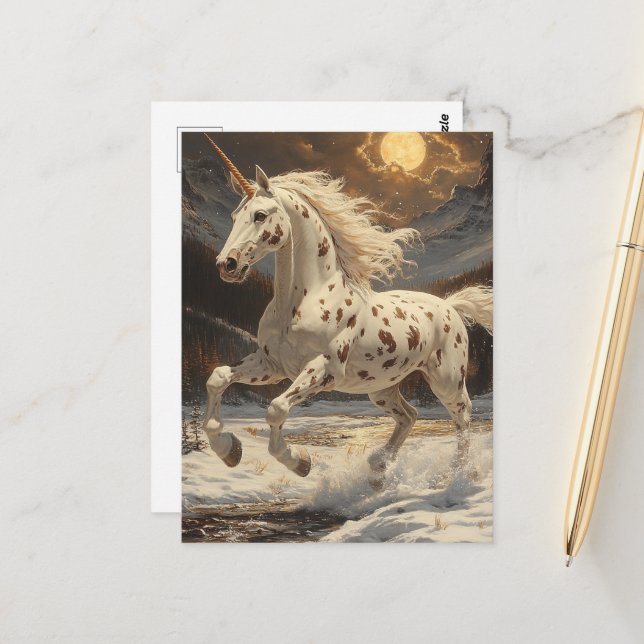 Carte Postale Appaloosa Unicorn sur Moonlit Snowy Mountains (Devant/Arrière en situation)
