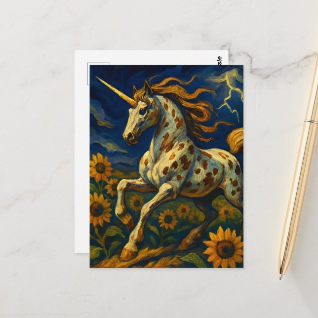 Carte Postale Appaloosa Unicorne dans une tempête (Devant/Arrière en situation)