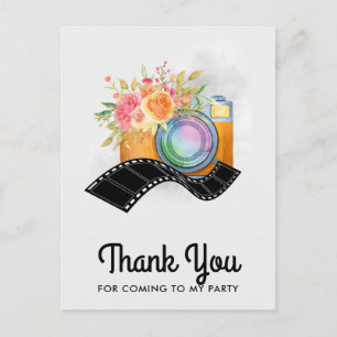 Carte Postale Appareil photo bohème et fleurs aquarelle Merci