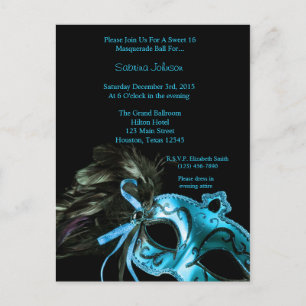 Carte Postale Aqua Blue Masquerade Ball Sweet sixteen Anniversai