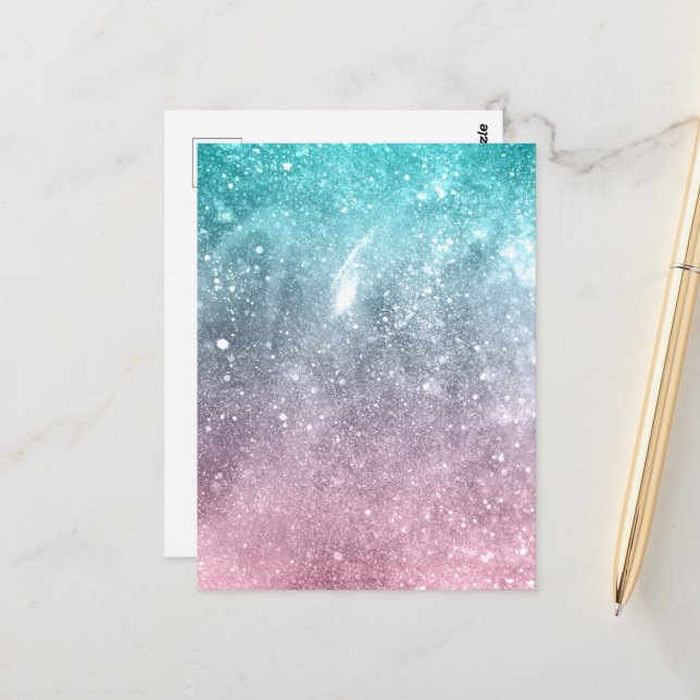 Carte Postale Aqua blue Pink ombre mer galaxie abstraite (Devant/Arrière en situation)