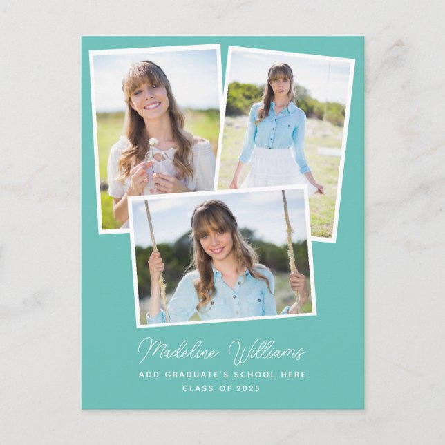 Carte Postale Aqua Minimalist Script Multi Photo Graduation (Devant)