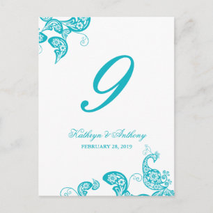Carte Postale Aqua Peacock Floral Paisley Mariage Numéro de tabl