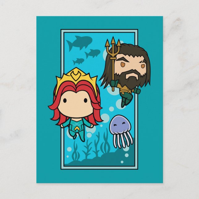 Carte Postale Aquaman | Chibi Mera & Aquaman Graphisme sous-mari (Devant)