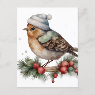 Carte Postale Aquarelle adorable Oiseau d'hiver
