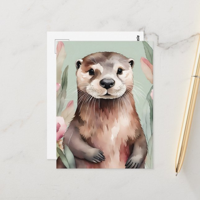 Carte Postale Aquarelle adorable Otter (Devant/Arrière en situation)