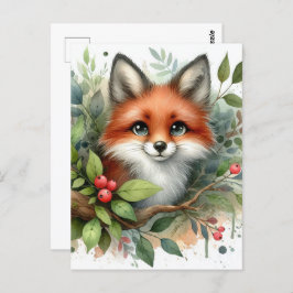 Carte Postale Aquarelle adorable Renard rouge