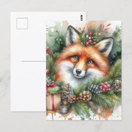 Carte Postale Aquarelle adorable Renard rouge Noël