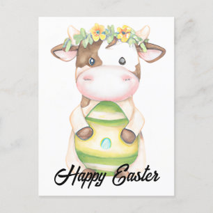 Carte Postale Aquarelle adorable Vache de Pâques