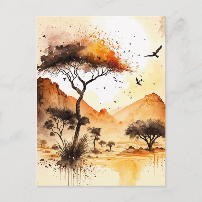 Carte Postale Aquarelle africaine Safari coucher de soleil avec  (Devant)