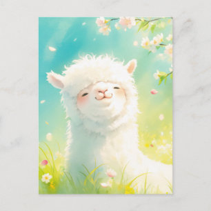 Carte Postale Aquarelle Alpaca blanc et Fleur de cerisier rose