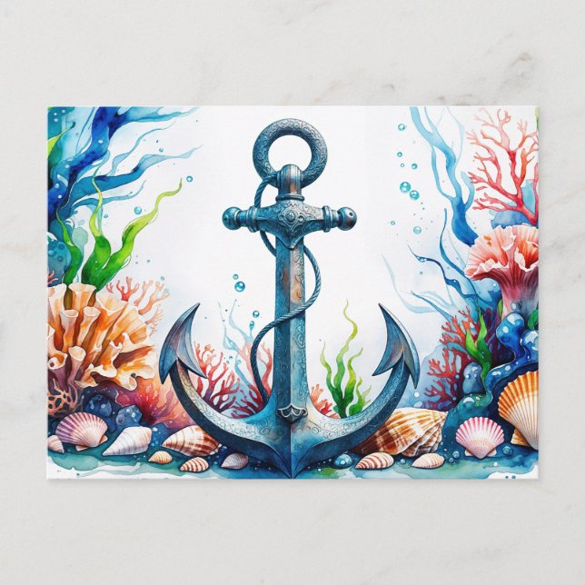 Carte Postale Aquarelle Ancre, Coral Reef, Coques (Devant)