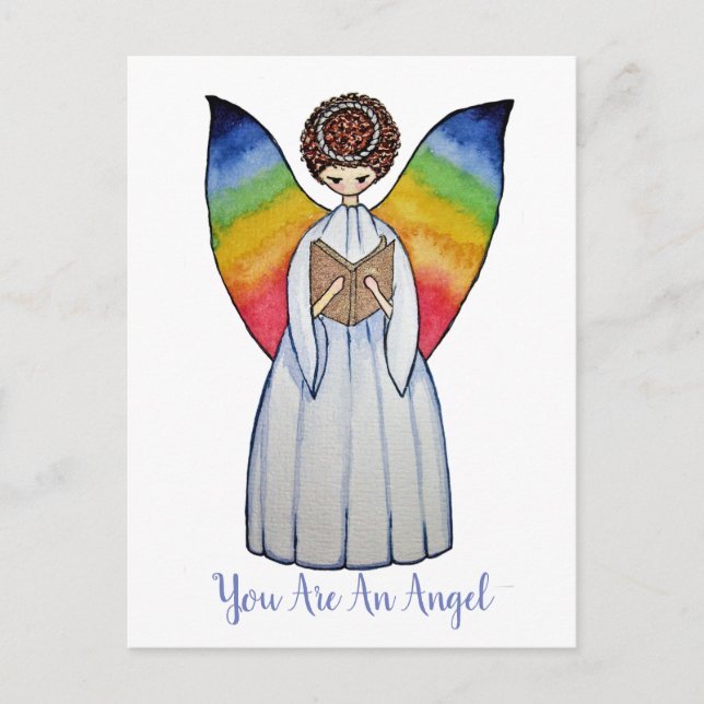 Carte Postale Aquarelle Angel Avec Arcs-En-Ciel Lire Un Livre (Devant)
