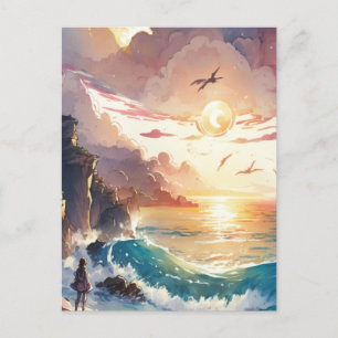 Carte Postale Aquarelle Anime jeune fille et coucher de soleil