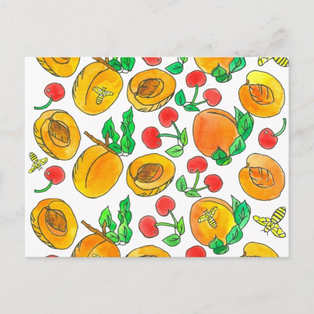 Carte Postale Aquarelle Apricot Fruit Cerises Abeilles (Devant)