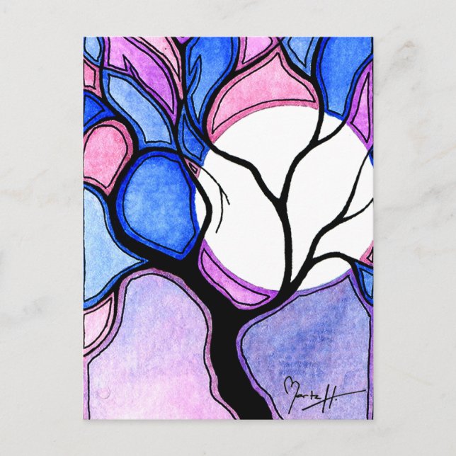 Carte Postale Aquarelle Arbre et Lune - Bleu et rose (Devant)