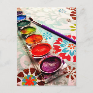 Carte Postale Aquarelle Artiste Peinture Bac et pinceau sur Fleu