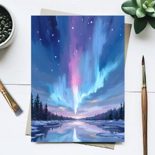 Carte Postale Aquarelle Aurore Boréale Lumières du Nord Peintes