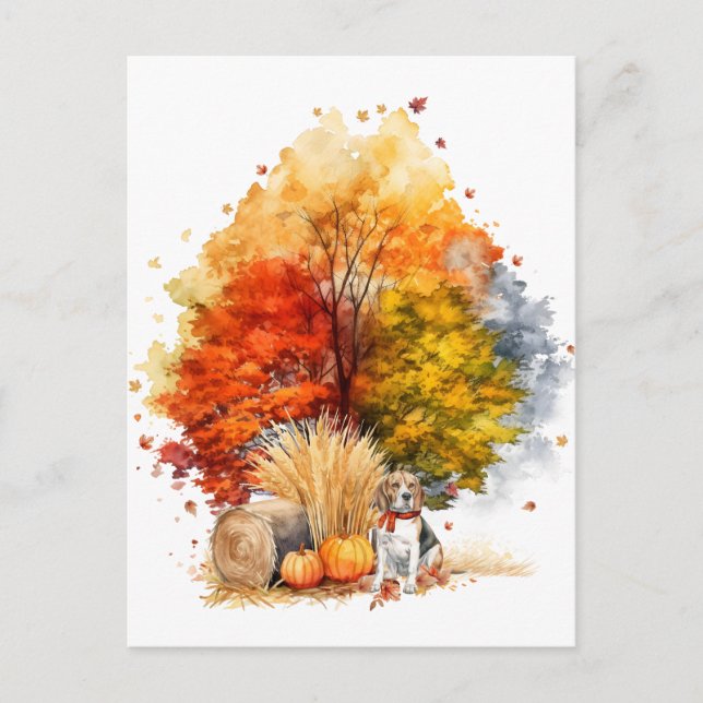 Carte Postale Aquarelle Automne Chien Design - Beagle (Devant)