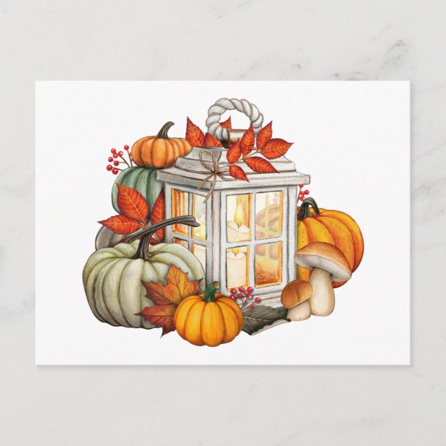 Carte Postale Aquarelle Automne Citrouilles, Feuilles et Berries (Devant)
