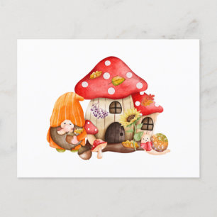 Carte Postale Aquarelle Autumn Gnome and Mushroom House
