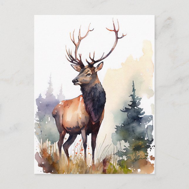 Carte Postale Aquarelle avec Majestic Antlers dans les Fores (Devant)
