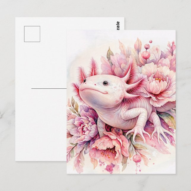Carte postale Aquarelle Axolotl Rose (Devant / Derrière)