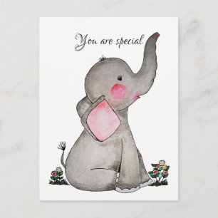 Carte Postale Aquarelle Bébé Eléphant Mignonne Avec Fleurs Minus