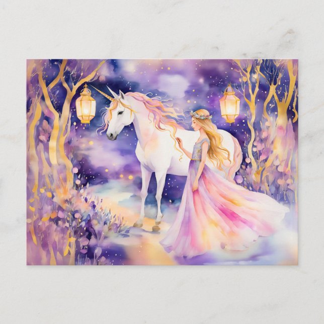 Carte Postale Aquarelle Belle Princesse et Licorne (Devant)