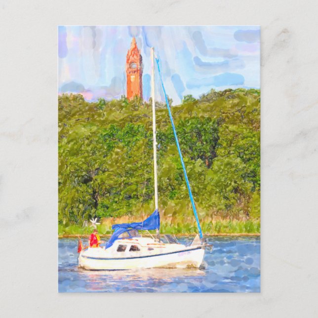 Carte Postale Aquarelle Berlin. Tour Grunewald et bateau Havel (Devant)