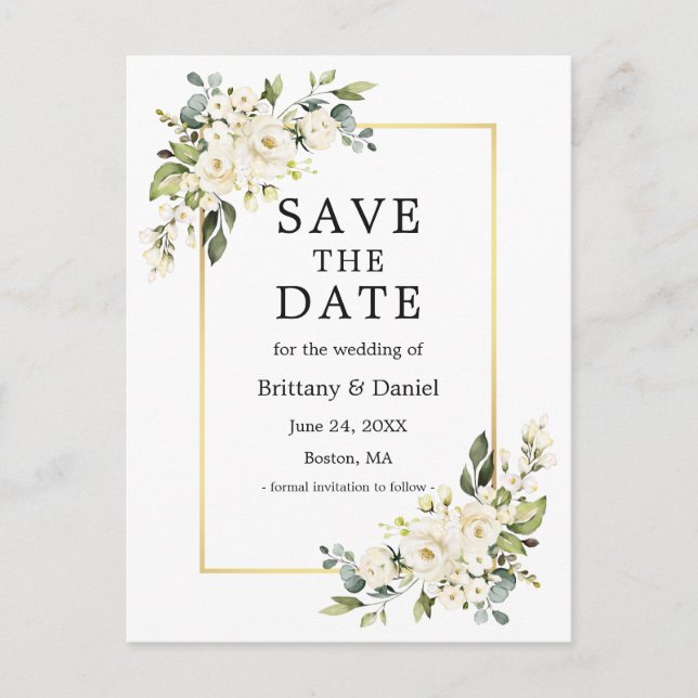 Carte Postale Aquarelle Blanc Floral Or Enregistrer la date (Devant)