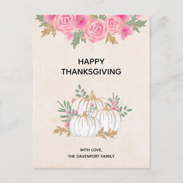 Carte Postale Aquarelle blanche et or Citrouille Thankesgiving (Devant)