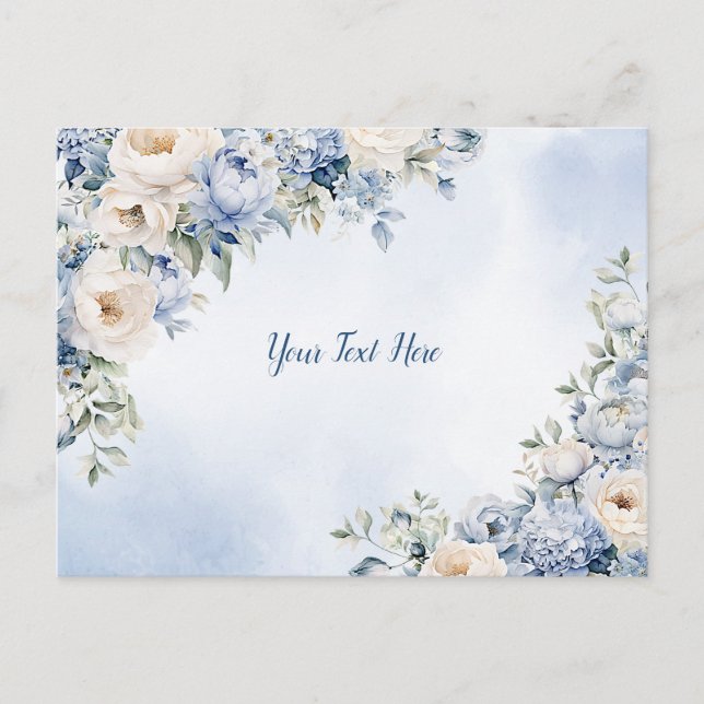 Carte Postale Aquarelle bleu Dusty Fleurs d'ivoire Feuille Rusti (Devant)
