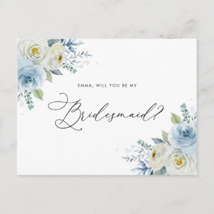 Carte Postale Aquarelle bleu et ivoire Roses Bridesmaid Proposit