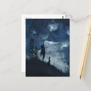 Carte Postale Aquarelle bleu foncé croissant de lune déesse lièv