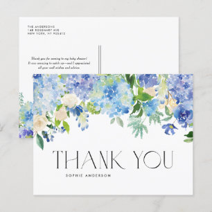 Carte Postale Aquarelle bleu Hydrangea et Merci Rose ivoire