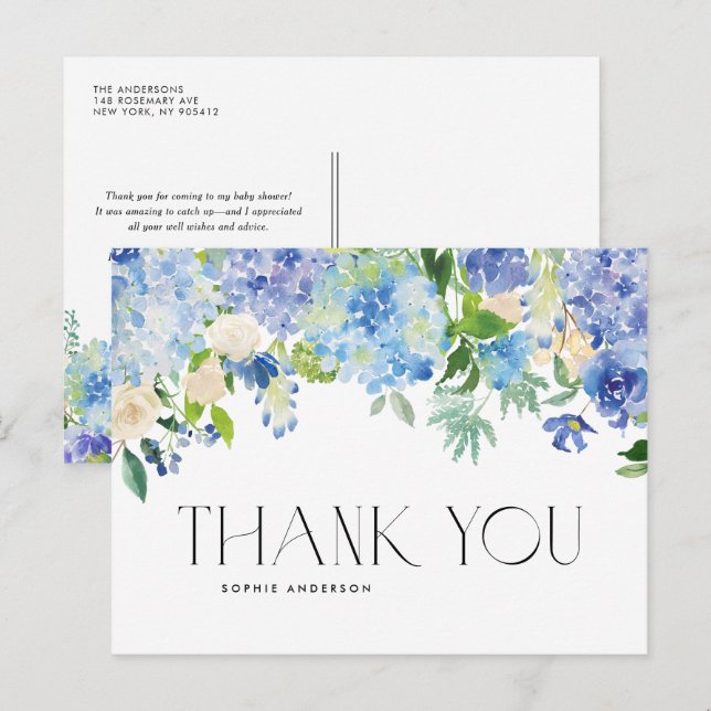 Carte Postale Aquarelle bleu Hydrangea et Merci Rose ivoire (Devant / Derrière)