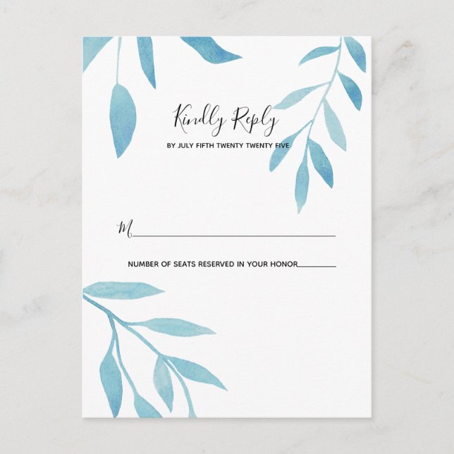 Carte Postale Aquarelle bleu moderne Floral RSVP (Devant)