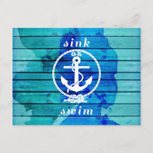 Carte Postale Aquarelle bleu océan Bois et devis Ancre