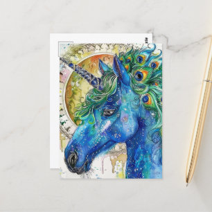 Carte Postale Aquarelle bleu Peacock Unicorne