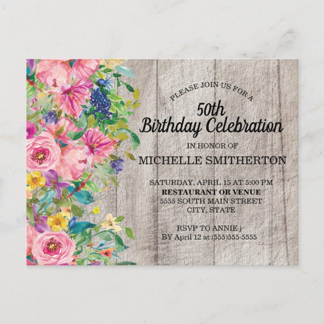 Carte Postale Aquarelle bleu rose rustique Floral 50e anniversai (Devant)