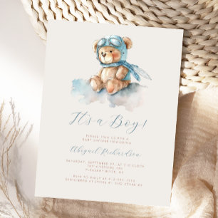 Carte Postale Aquarelle bleu Teddy Bear Baby shower garçon