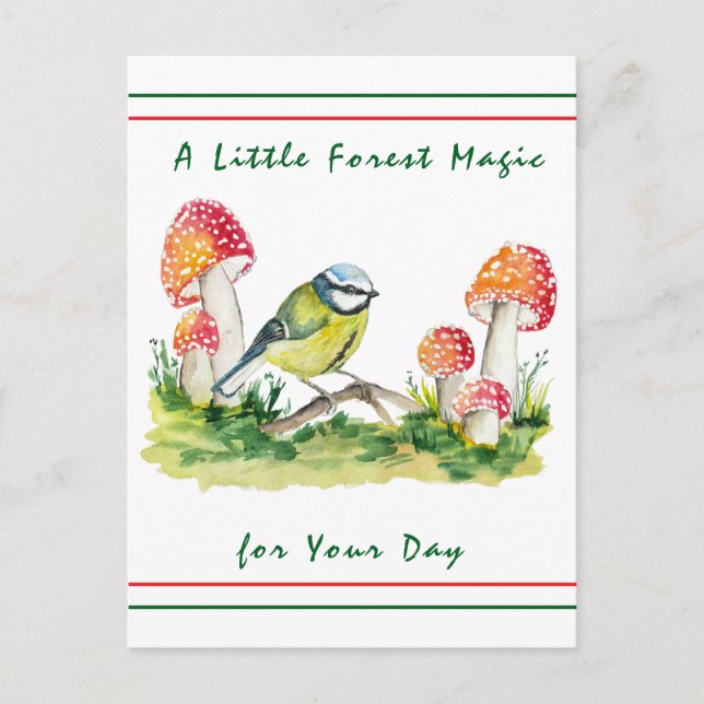 Carte Postale Aquarelle bleu Tit et vol Agaric (Devant)