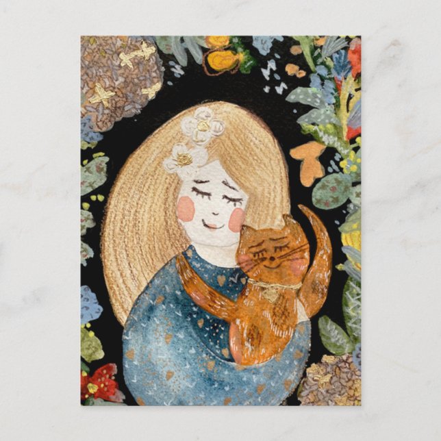 Carte Postale Aquarelle blonde fille avec gingembre chat fleurs (Devant)