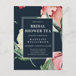 Carte Postale Aquarelle Blush Navy Floral Fête des mariées Thé