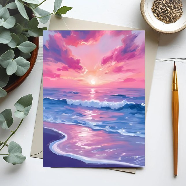 Carte Postale Aquarelle Blush Ocean Sunset Waves (Créateur téléchargé)