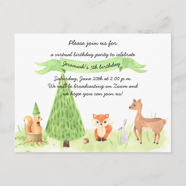 Carte Postale Aquarelle Bois Animaux Fête d'anniversaire virtuel (Devant)
